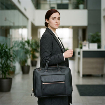 Woman in a charcoal coat in an office lobby carrying The Virtuoso black leather laptop briefcase by its top handles