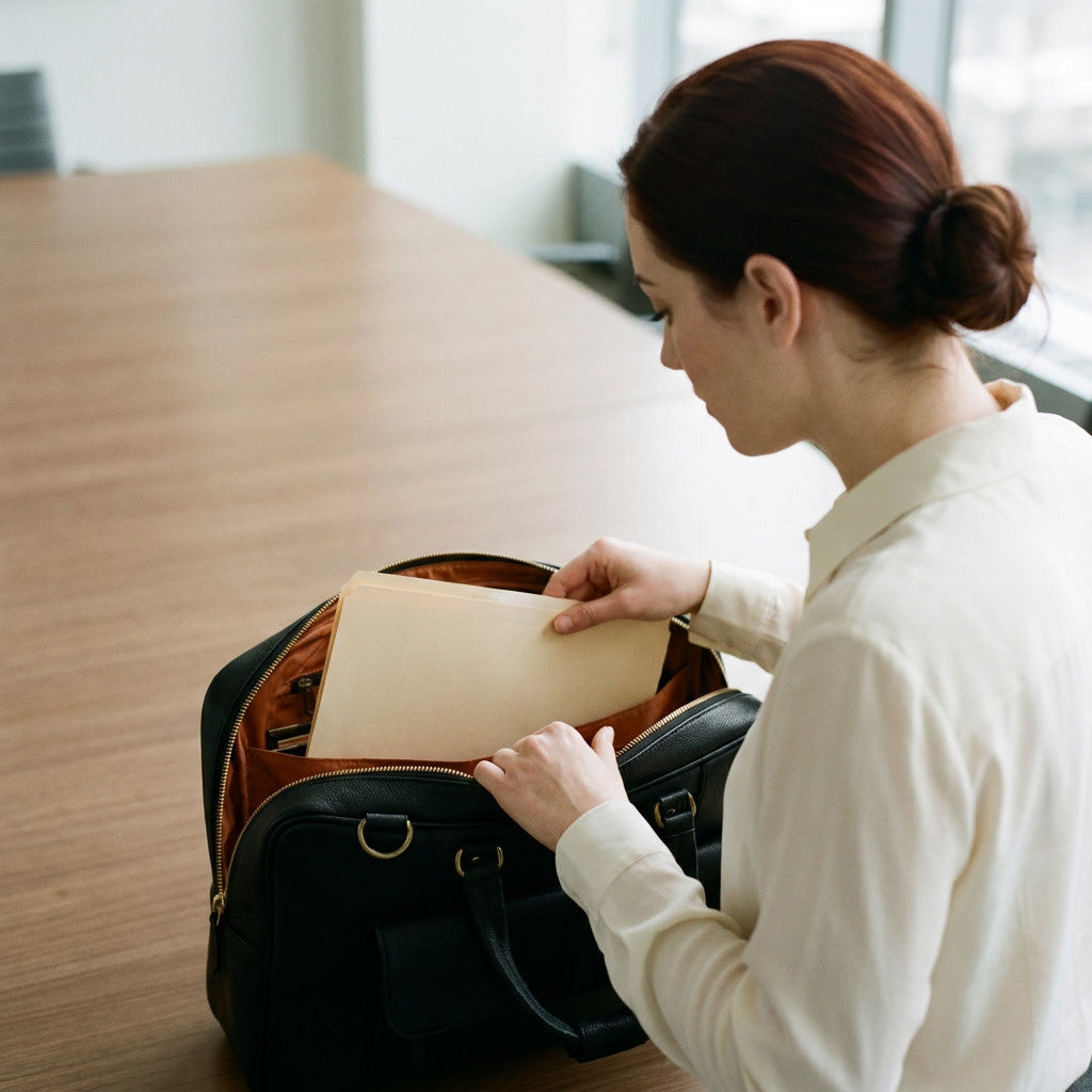 Woman at a desk sliding a paper folder into the open main compartment of The Virtuoso black leather briefcase