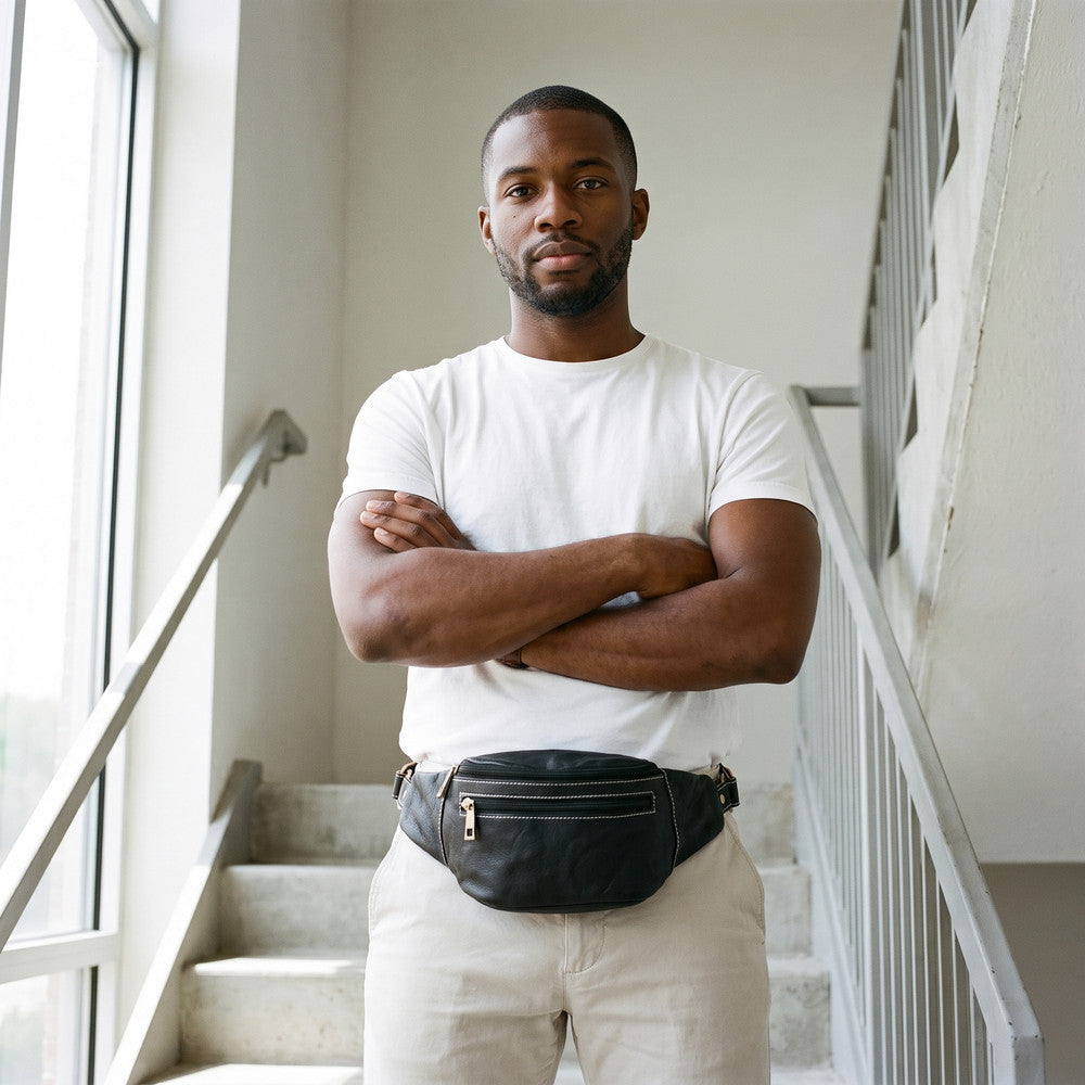 Man in a white T-shirt standing in a stairwell with a black leather fanny pack worn at the waist