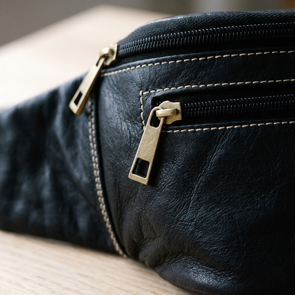Close-up of the brass zip pulls and white stitching on a black leather fanny pack