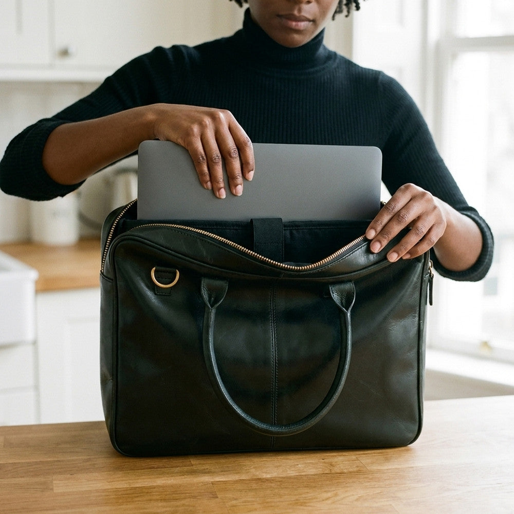 Woman unzipping The Specialist black leather briefcase on a wooden table to slide in a laptop