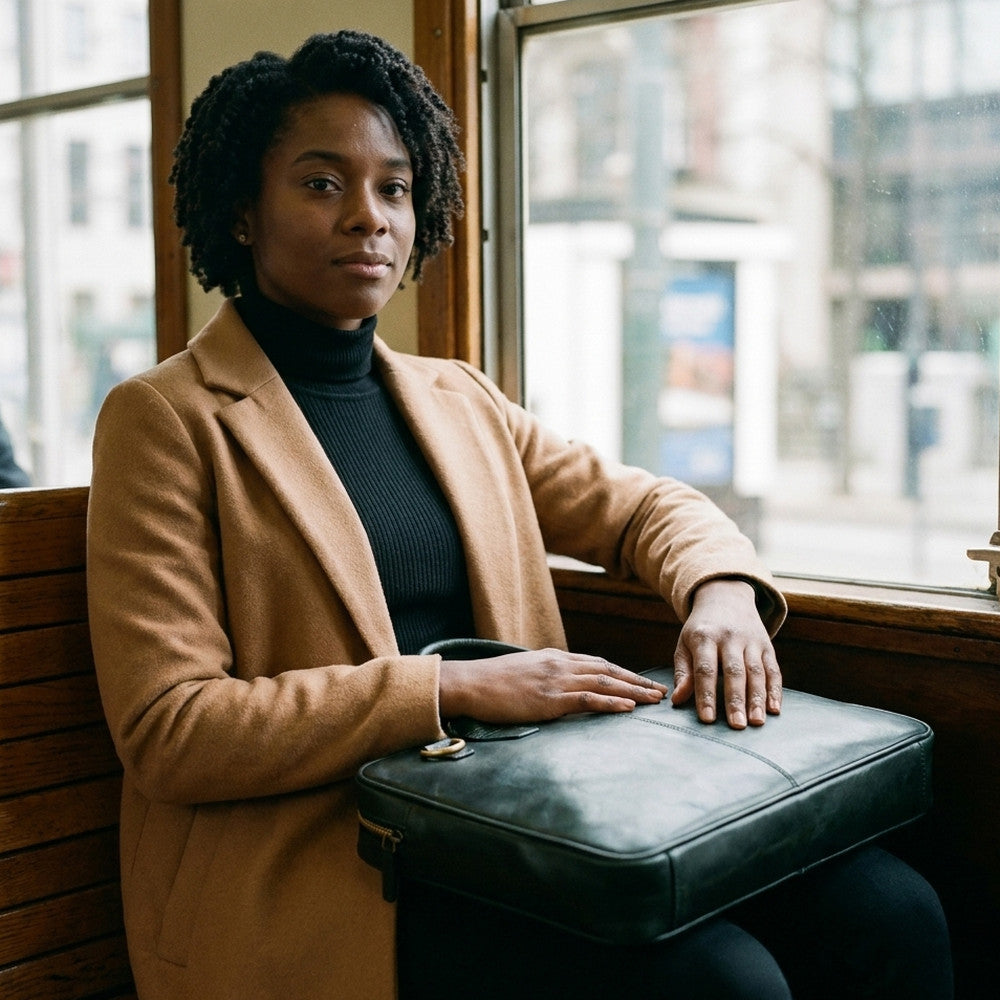 Woman seated on a wooden tram bench with The Specialist black leather laptop briefcase resting on her lap