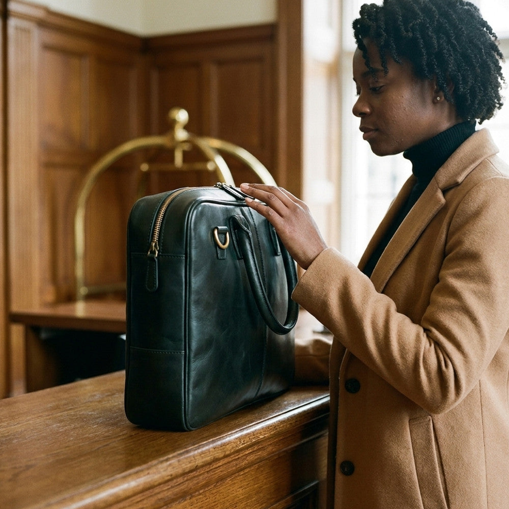 Woman closing the zip of The Specialist black leather laptop briefcase on a wooden reception counter