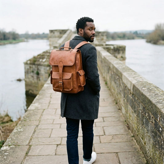 Man wearing The Architect brown leather backpack on an old stone bridge over a river