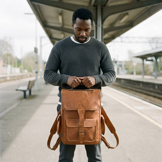Man holding a tan brown leather backpack with front buckle pocket by its top handle on a train platform