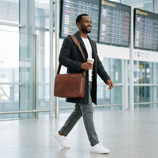 Man walking through an airport concourse with a coffee, wearing The Postman leather computer messenger bag