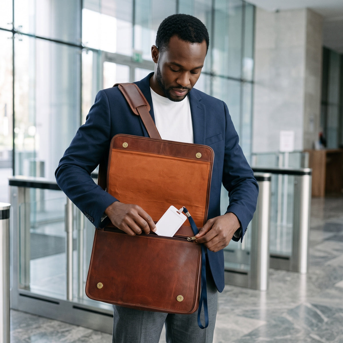 Man lifting the flap of The Postman leather messenger bag to take an ID card from the front zip pocket