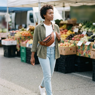 Woman in an olive overshirt walking through a farmers market with the brown leather fanny pack worn across her chest