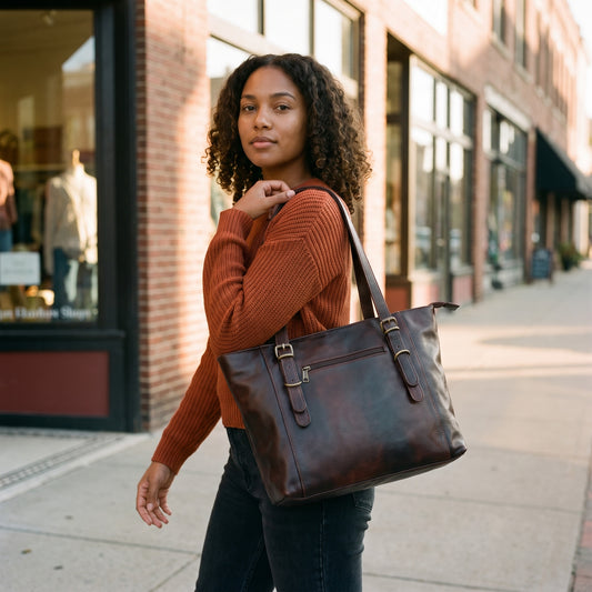 Woman in a rust sweater on a shopping street carrying the Anuent dark brown leather purse on her shoulder