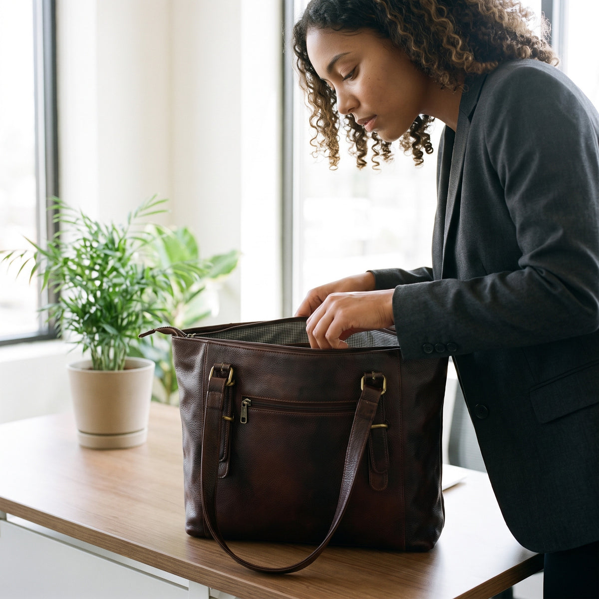 Woman in a black blazer reaching into the open dark brown leather purse on a desk