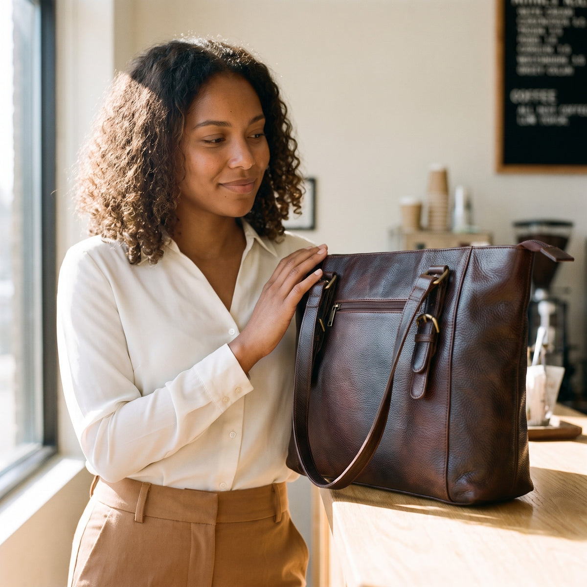 Woman in a cream blouse in a cafe resting her hand on the dark brown leather purse