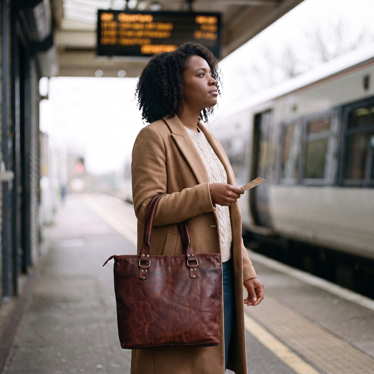 Woman holding a ticket on a railway platform carrying the Brown Leather Tote Bag on her forearm