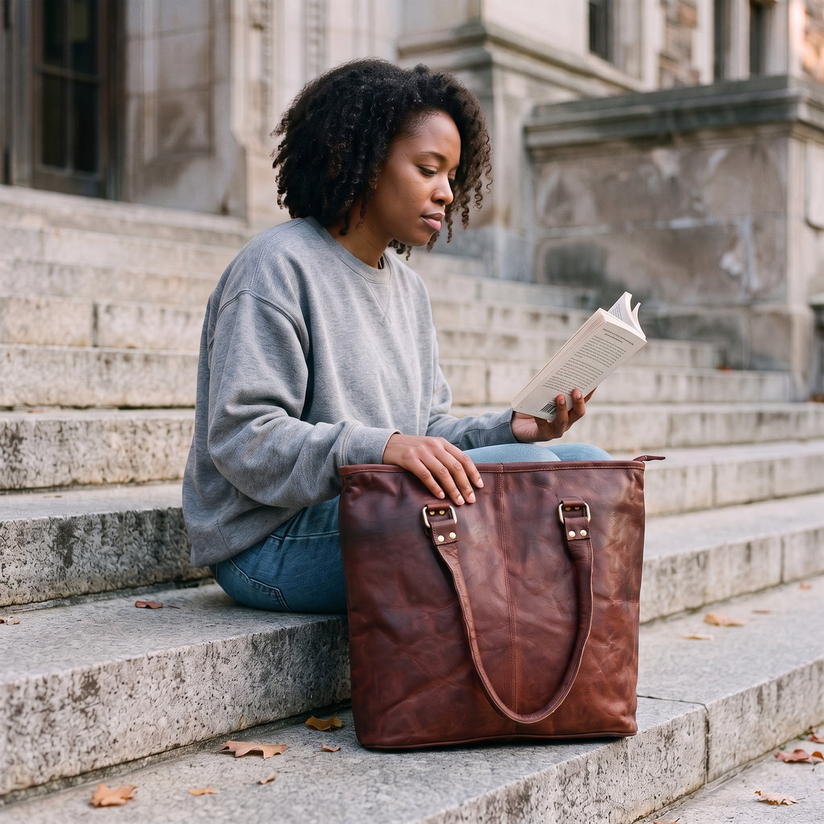 Woman reading on stone campus steps with the Brown Leather Tote Bag resting beside her