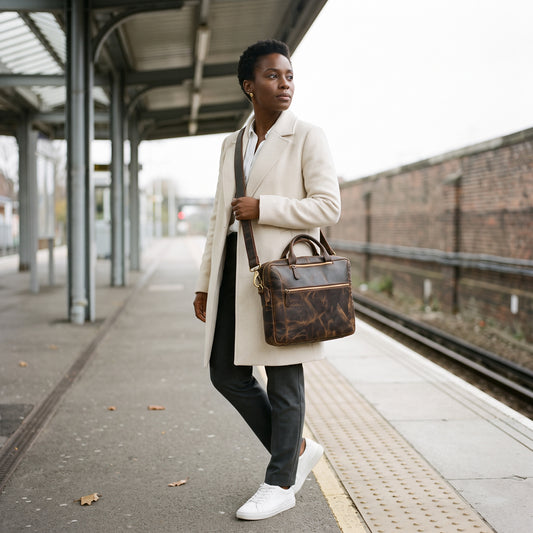 Woman wearing The Convertible leather laptop briefcase crossbody on a train platform