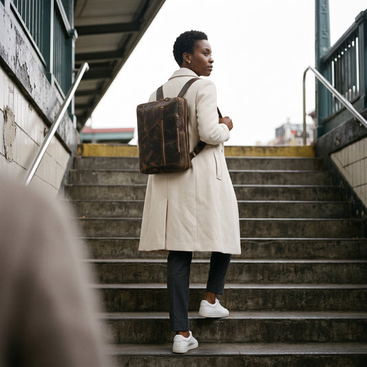 The Convertible leather briefcase worn as a backpack on subway stairs