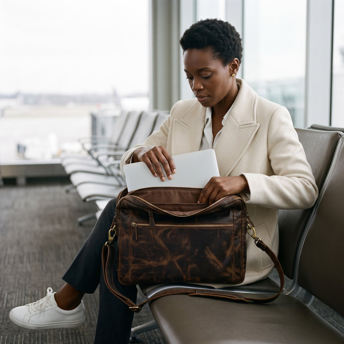 Sliding a laptop into the open main compartment of The Convertible leather briefcase backpack at an airport gate