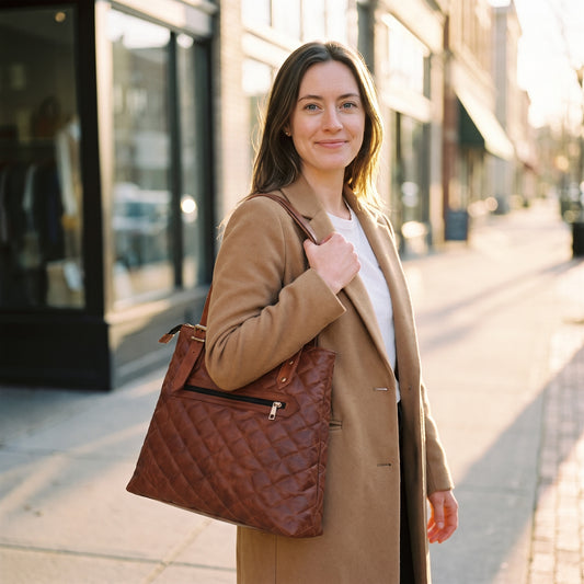 Woman in a camel coat on a shopping street carrying the Anuent quilted brown leather designer tote bag on her shoulder