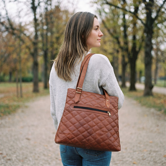 Back view of a woman on a park path carrying the quilted brown leather designer tote bag, showing its back zip pocket