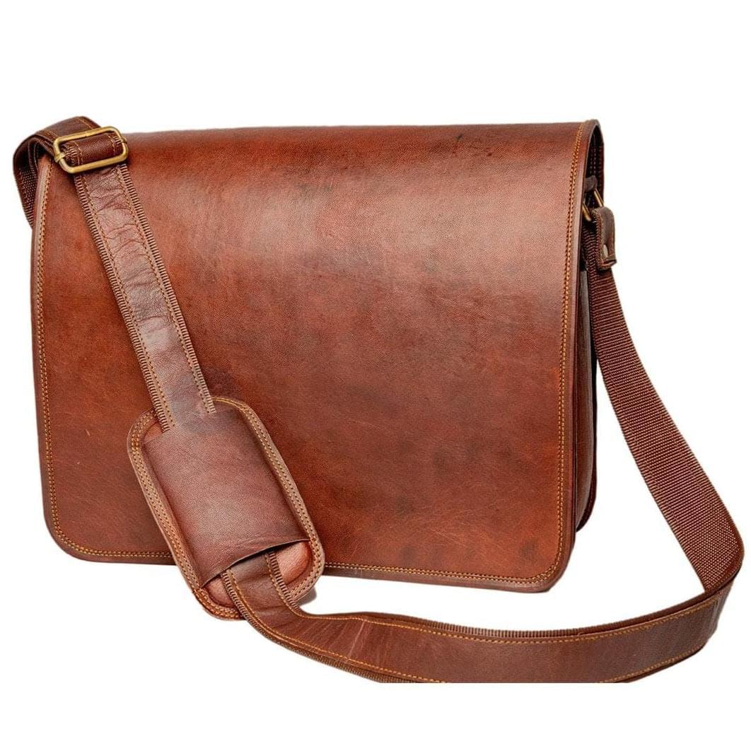 Handmade Brown Leather Crossbody Bag with Full Flap 15 Inches