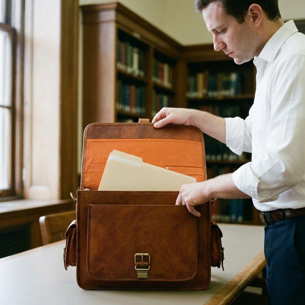 Man in a library lifting the flap of The Executive leather briefcase to file a folder in its orange lined main compartment