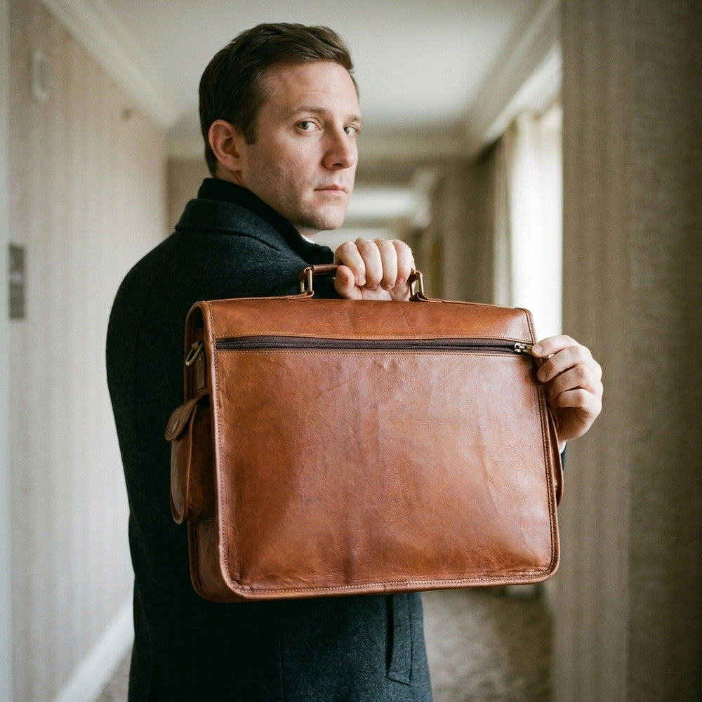 Man holding The Executive tan leather briefcase by its top handle to show the zippered back pocket