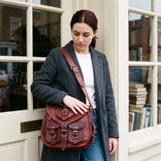 Woman in a grey coat by a bookshop window wearing the Anuent oxblood leather saddle bag crossbody