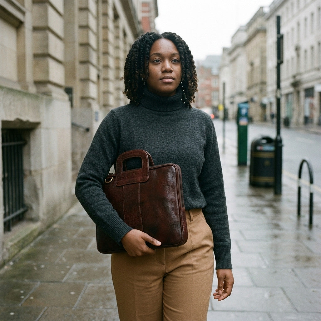 Woman on a rainy city pavement carrying The Negotiator leather laptop briefcase under her arm