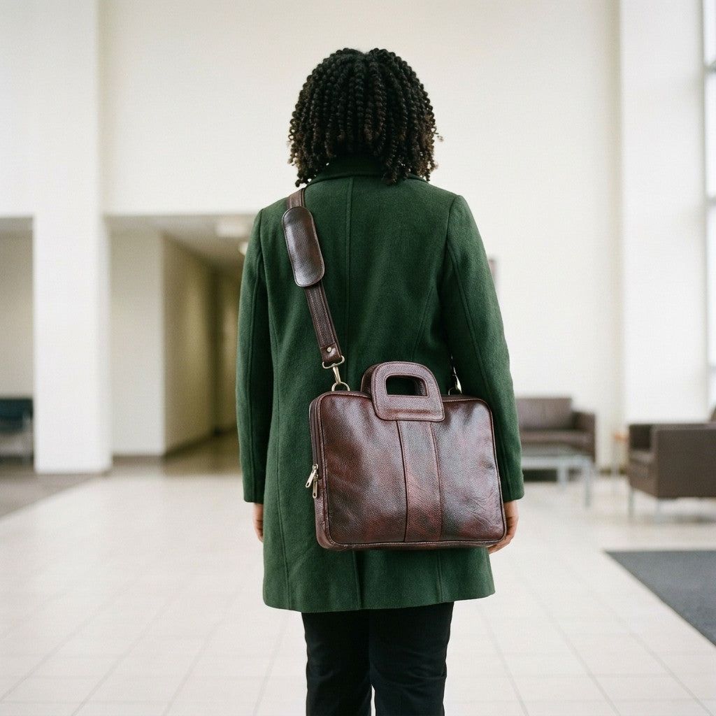 Back view of a woman in a green coat in an office lobby wearing The Negotiator leather briefcase on its shoulder strap