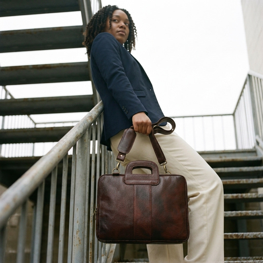 Woman in a navy blazer on an outdoor staircase holding The Negotiator leather laptop briefcase by its shoulder strap