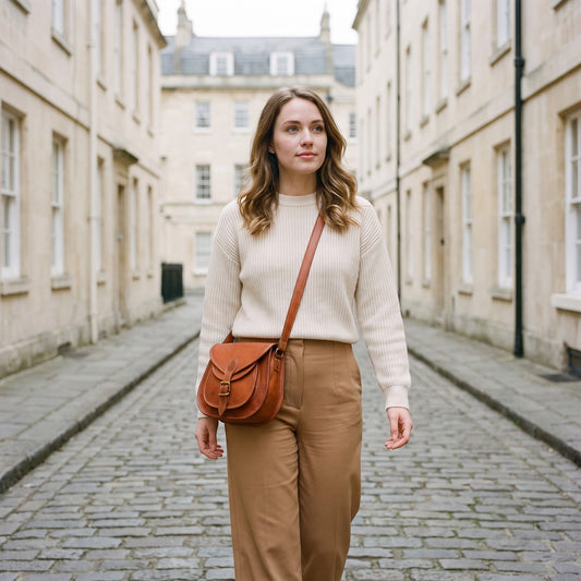 Woman in a cream sweater walking down a cobbled street wearing the Anuent tan leather saddle crossbody purse