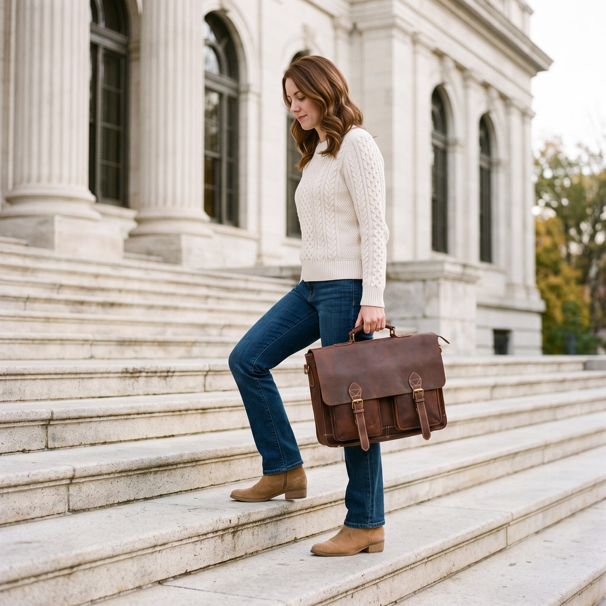 Woman climbing stone steps carrying The Digital leather laptop messenger bag by its top handle