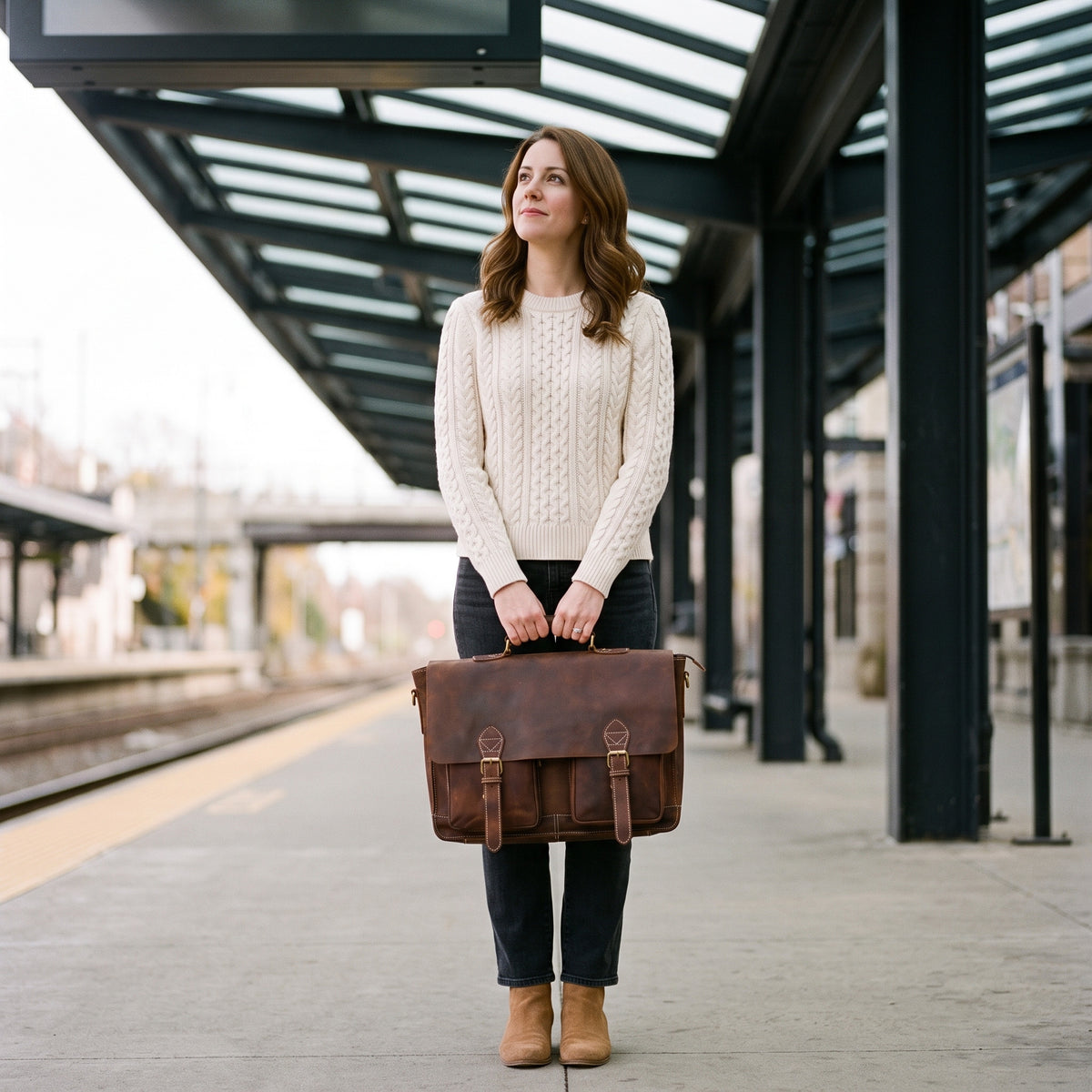 Woman on a train platform holding The Digital leather laptop messenger bag in front of her by the handle