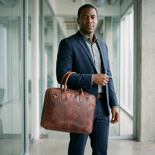 Man in a navy suit holding The Professional brown leather laptop briefcase by its top handles in a glass office corridor