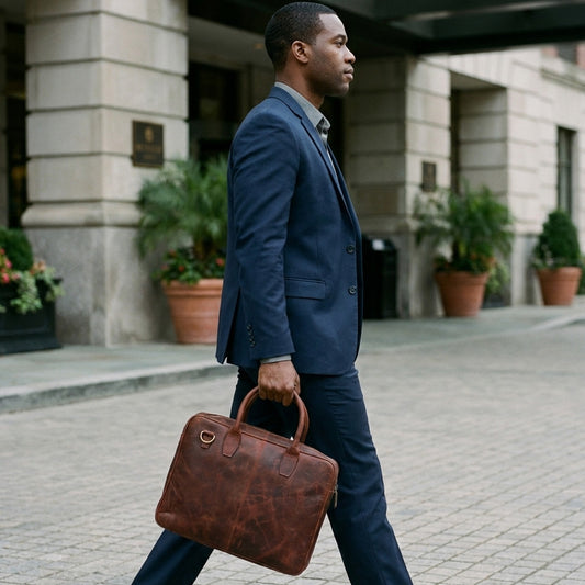 Man in a navy suit walking past a stone building carrying The Professional brown leather laptop briefcase by the handles