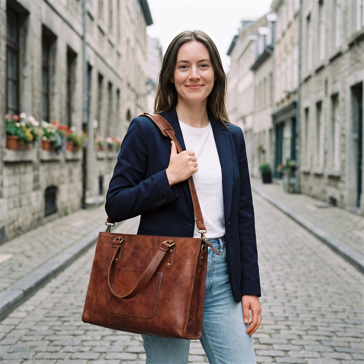 Woman in a navy blazer on a cobbled street wearing the brown leather laptop tote bag on its long shoulder strap