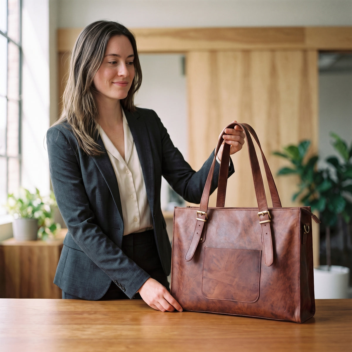 Woman in an office lifting the brown leather laptop tote bag by its handles from a wooden desk