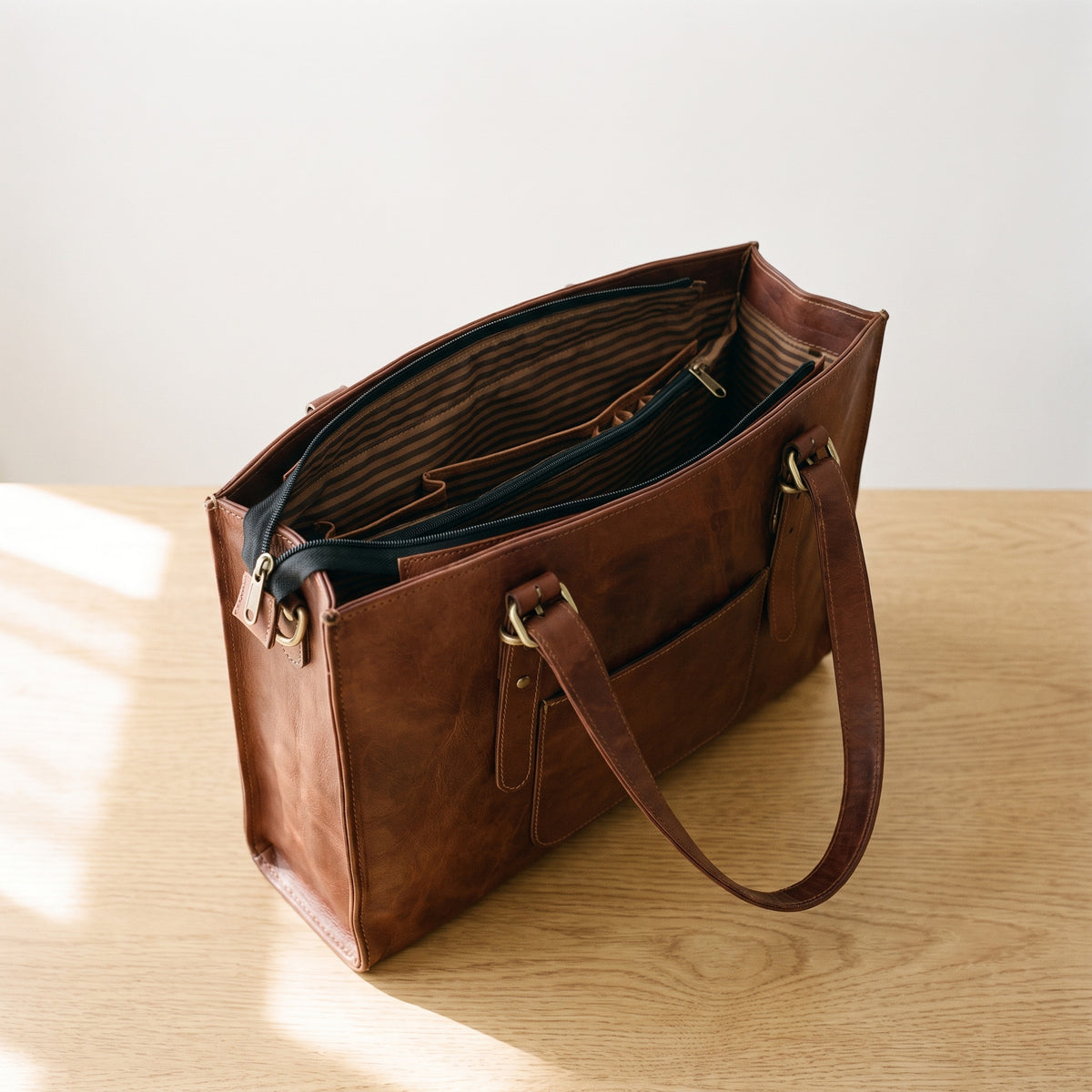 Open brown leather laptop tote bag on a table showing the striped cotton lining and zip pockets inside
