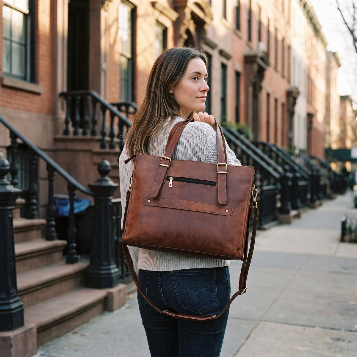 Woman on a city sidewalk carrying the brown leather laptop tote bag, showing its back zip pocket