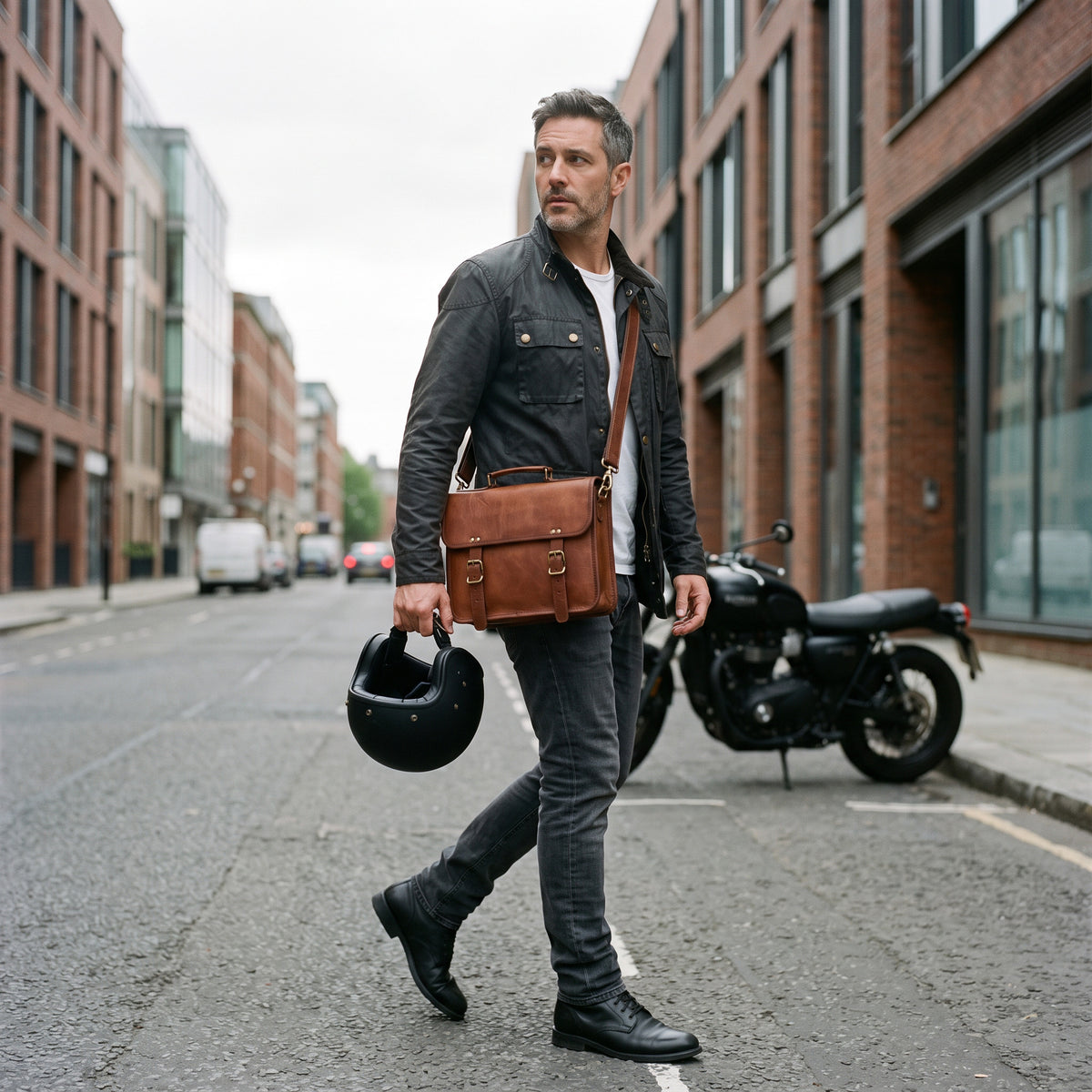 Man wearing The Cruiser leather motorcycle bag crossbody on a city street with his helmet in hand