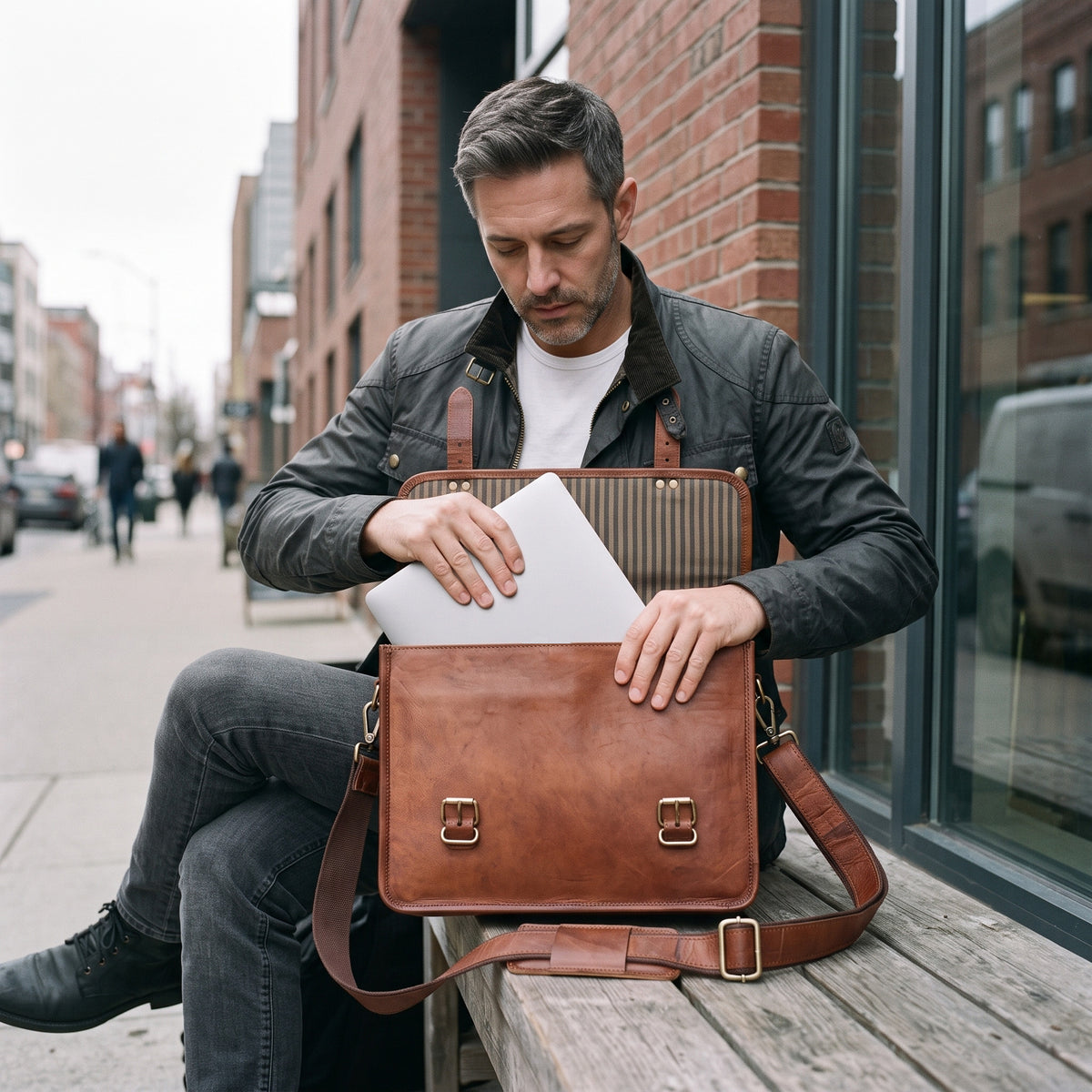 Sliding a laptop into the open main compartment of The Cruiser leather motorcycle bag on a bench
