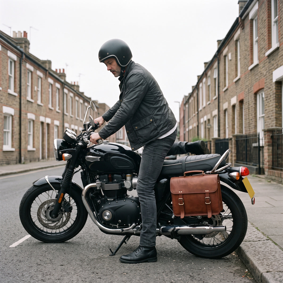 Rider getting onto a motorcycle with The Cruiser leather bag mounted as a saddle bag
