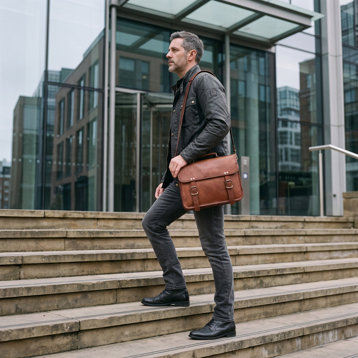 Man climbing office steps with The Cruiser leather motorcycle bag over his shoulder