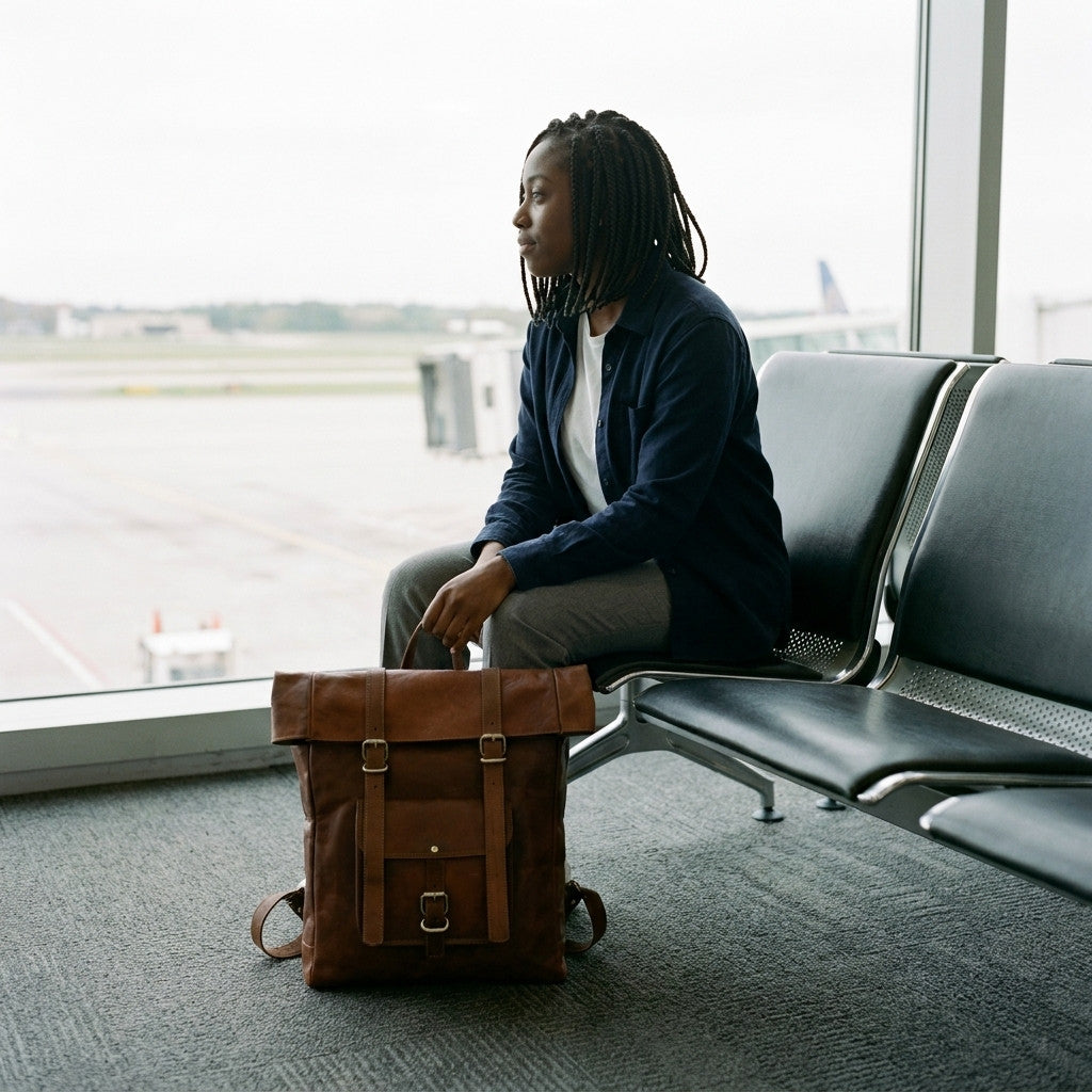 Brown leather roll-top backpack resting on the floor beside a woman seated at an airport gate