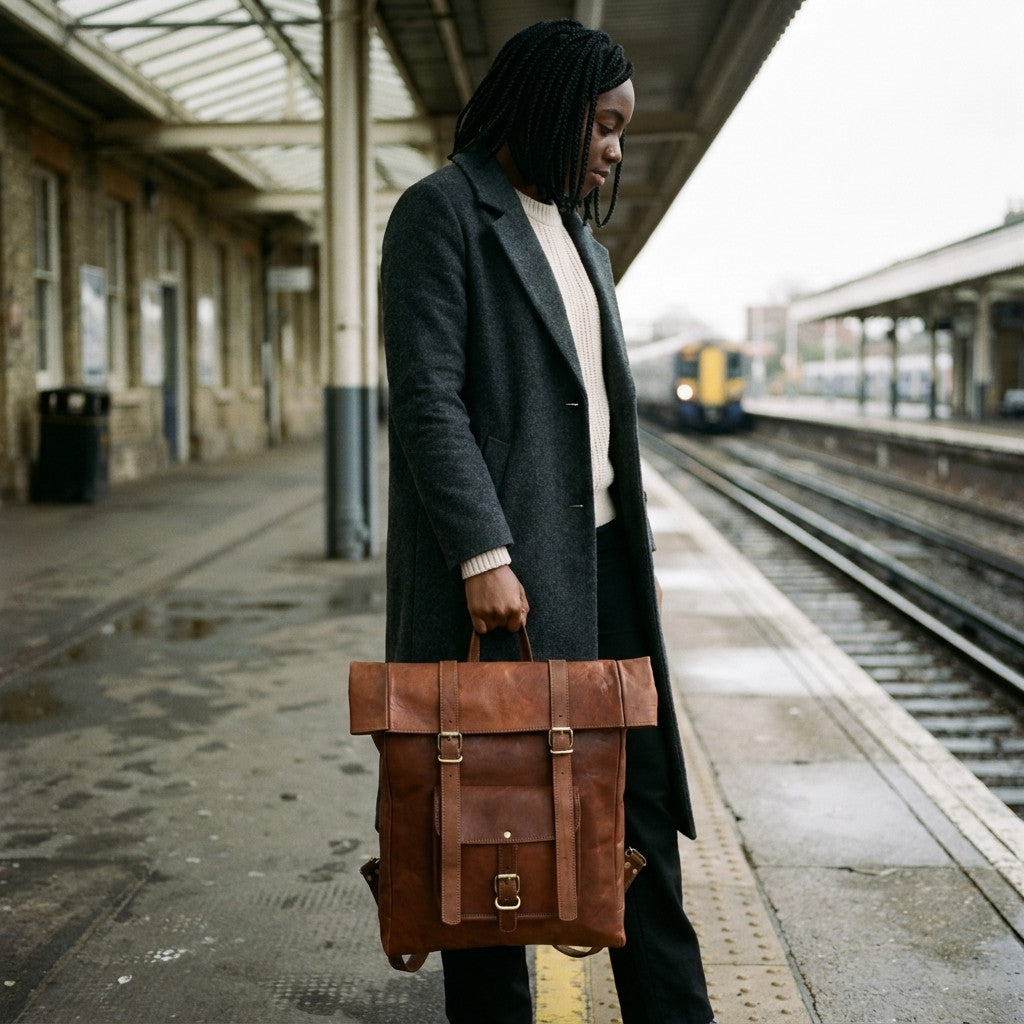Woman holding The Adventurer leather roll-top backpack by its top handle on a station platform