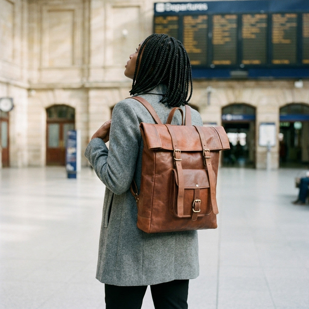 Back view of a brown leather roll-top backpack with buckle straps worn in a railway station hall