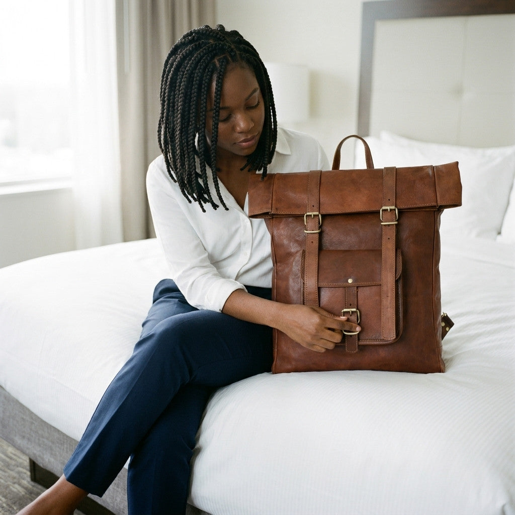 Woman fastening the front pocket buckle of a brown leather roll-top backpack on a hotel bed
