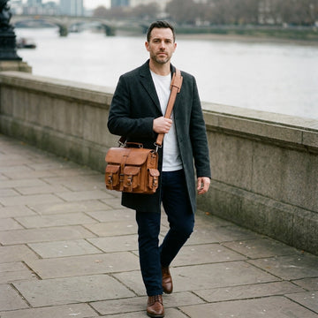 Man in a charcoal coat walking along a riverside wearing The Navigator tan leather laptop messenger bag crossbody
