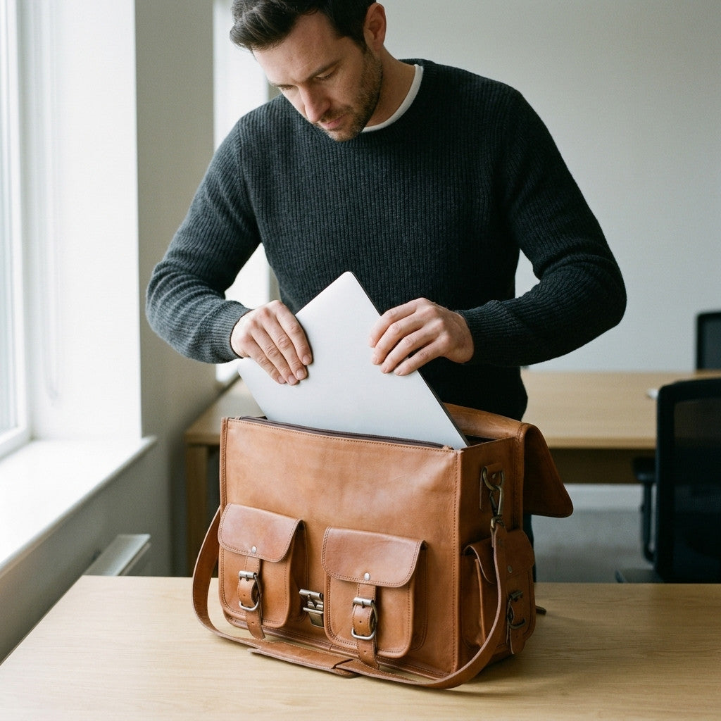 Man in a coworking space sliding a laptop into the open main compartment of The Navigator leather messenger bag