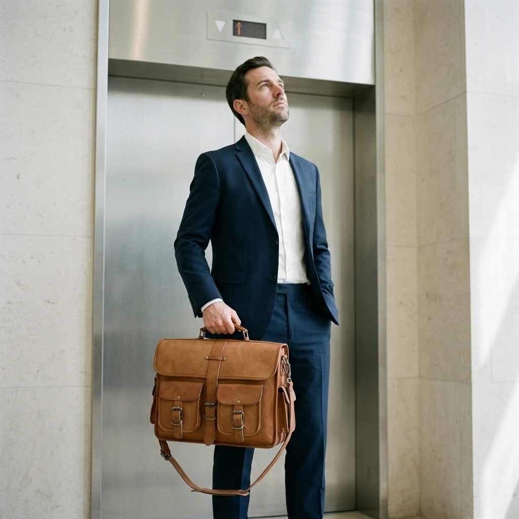 Man in a navy suit waiting by a lift carrying The Navigator leather messenger bag by its top handle