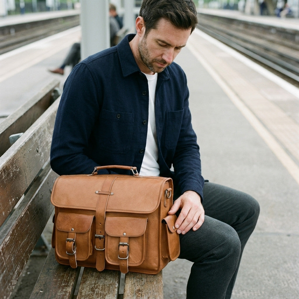 Man on a station bench opening the side pocket of The Navigator leather messenger bag on his lap